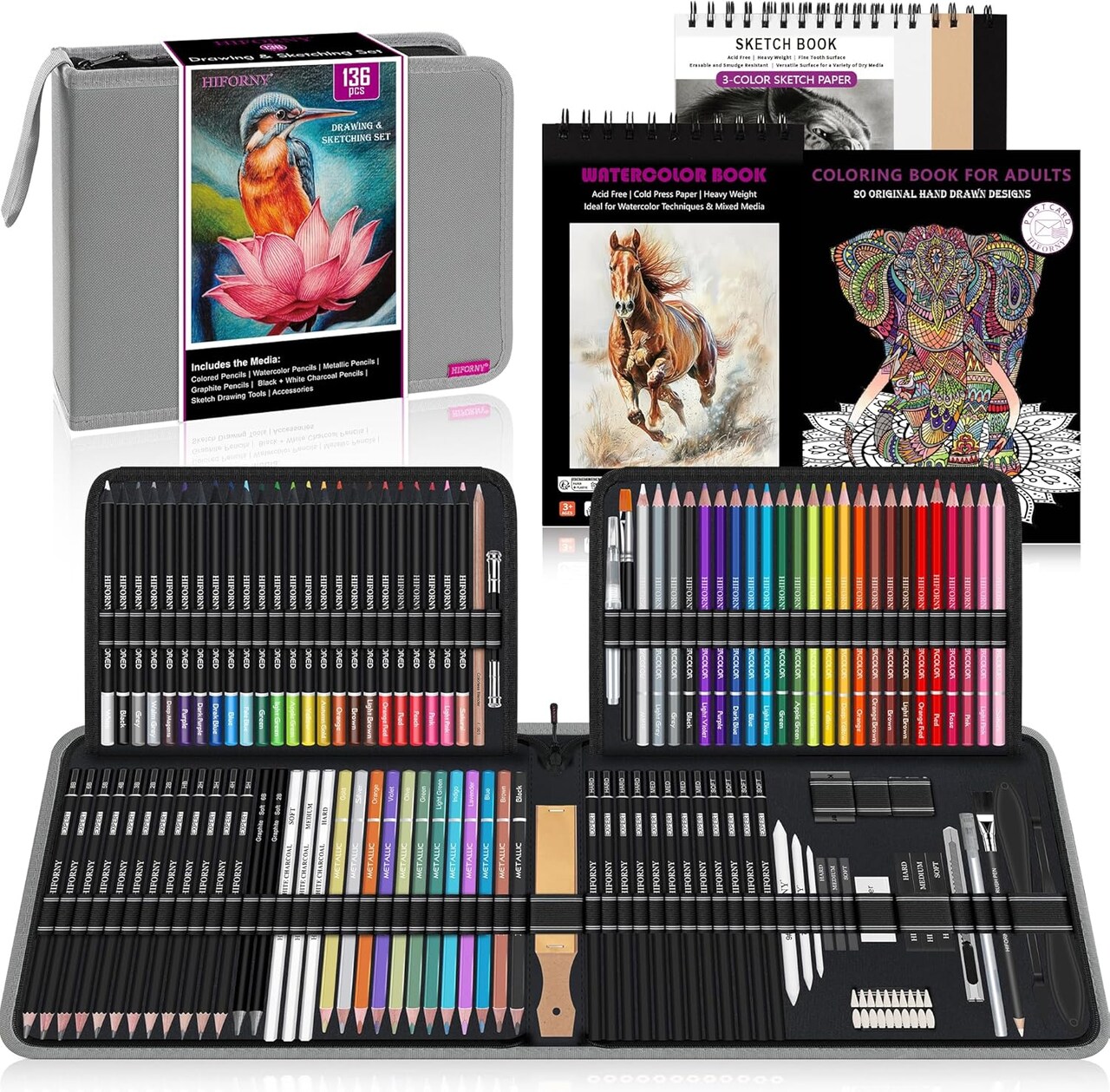 136 PCS Drawing & Sketching Set,Pro Art Supplies with Graphite,Charcoal,Colored,Watercolor Book and Coloring Book